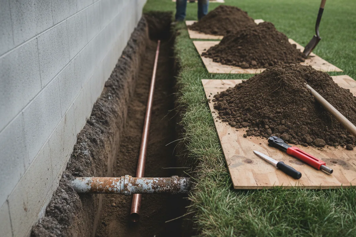 Excavated water line trench during Water Softener Installation in Raymond